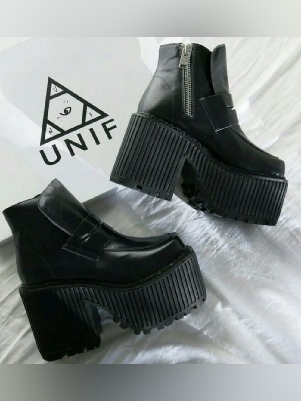 NWT UNIF Leather Black Platform Boots Side Zip real leather size us 8 womens - Picture 2 of 8